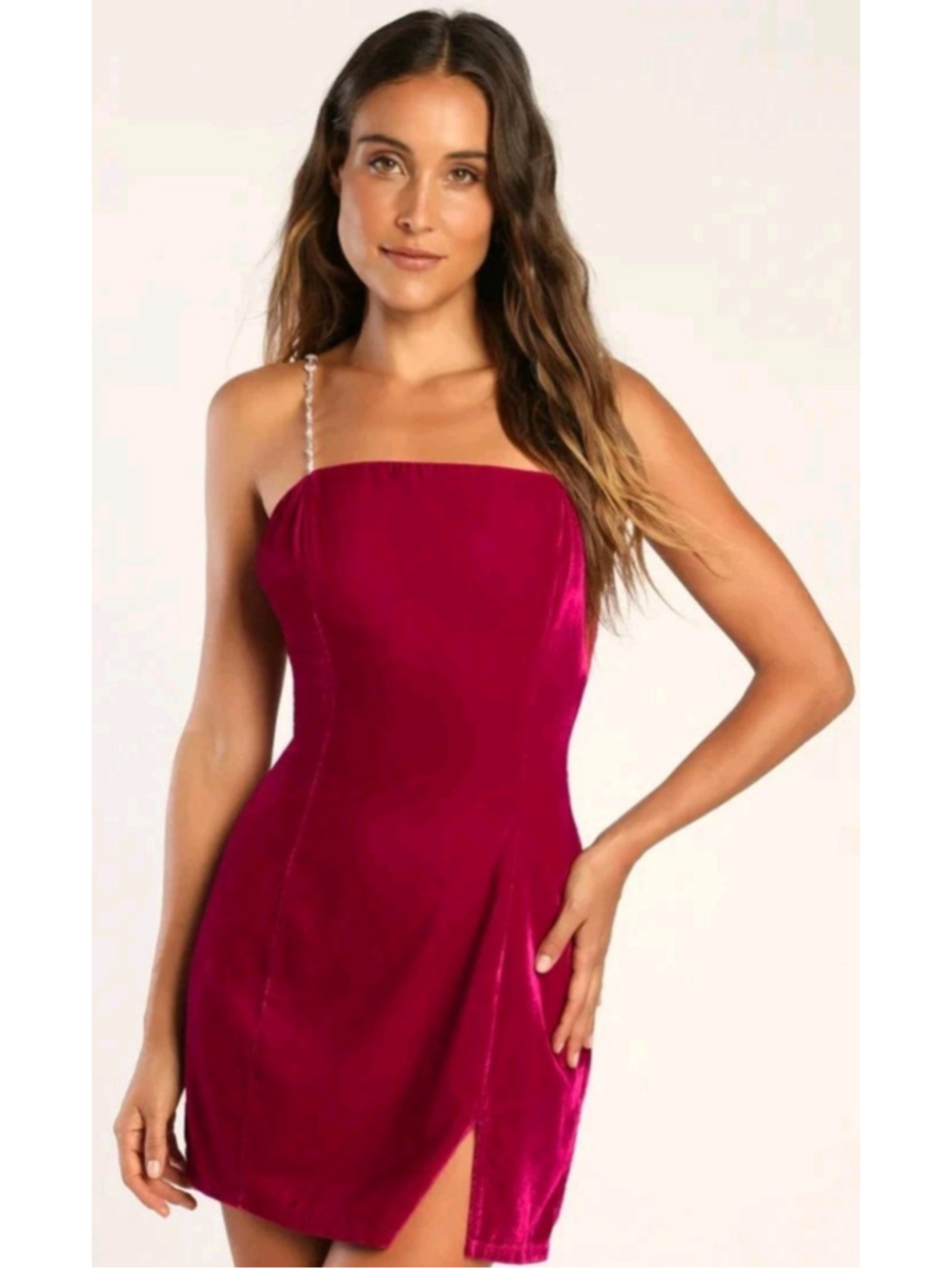 NWT Lulus Loaded W/ Luxe Sz S Fuchsia Velvet Rhinestone Strap Bodycon Mini Dress